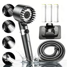 Filtered High-Pressure Shower Head Set With Massage Brush - 3 Water-Saving Modes Handheld Shower Head With Stop Button, Anti-Clogging Nozzles, Includes Hose, Wall Mount And 3 Hard Water Replacement Filter Cartridges - Shower Set - View 2