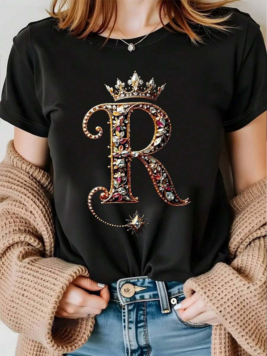 Camiseta rosa casual para mujer con estampado de corona - Manga corta, cuello redondo, mezcla ligera, moda primavera/verano, camisetas de mujer - Negro - Ver 1