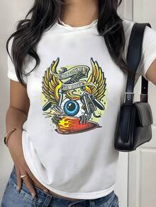 A Blue Eye With Golden Wings Symbolizes Freedom And Inner Perception, Accompanied By Fire Representing Energy And Passion, Along With Tools Evoking Strength And Creativity. A Modern, Casual, Comfortable Women's T-Shirt For Everyday Wear. - 白色 - 查看 8
