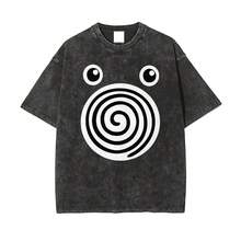 Unisex Washed Cotton T-Shirt With Cartoon Print Of Big Eyes In A Spiral - Vintage Retro Anime Style, Casual Urban Aesthetic For Everyday Wear - 黑色 - 查看 5