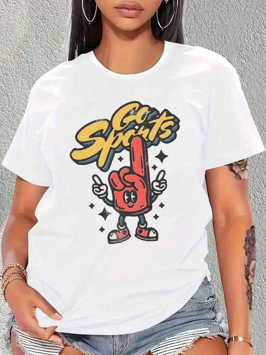 Go Sports Women's T-Shirt With Cartoon Cuff Design, Unisex Casual Summer T-Shirt For Men And Women, Streetwear Graphic T-Shirt With Fun Design, Perfect For Daily Wear And Sporting Events - 白色 - 查看 1