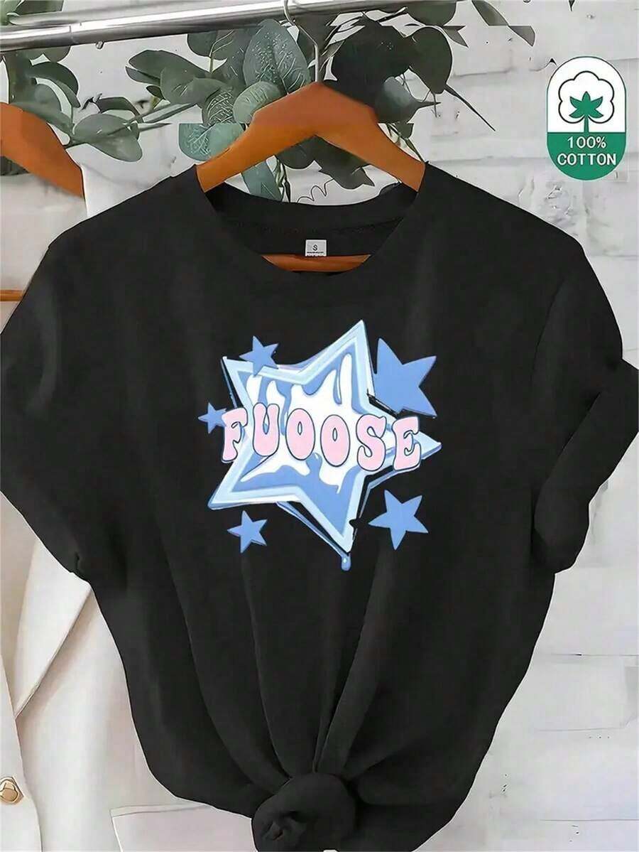 Fashionable Printed Short-Sleeve T-Shirt For Women, 100% Cotton, With Star And Letter Prints, Comfortable, Loose, Breathable, Suitable For Travel, Vacation And Daily Wear, Ideal For Women, Family And Friends, Round Neck Design, Machine Washable, Comfortable In All Seasons, For Daily Wear, Interesting Print Design, Suitable As A Holiday Gift, Soft Texture, Ladies' Top, A Hit. - 黑色 - 查看 1