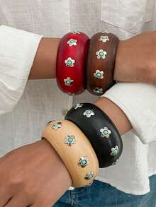 1pc Rustic Style Geometric Exaggerated Inlaid Faux Turquoise Flower Charm Jewelry Wooden Cuff Bracelet, Luxurious & Elegant, Suitable For Wedding, Banquet, Vacation, Party, Daily Casual, Street Style, Women, Couples, Holiday, Birthday, Versatile Gift - Bracelet - View 3