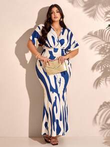 BIUBIU Đầm maxi thanh lịch với họa tiết trừu tượng xanh trắng, cổ chữ V, tay ngắn kiểu cánh dơi và chi tiết xếp ly, kiểu dáng ôm sát, co giãn nhẹ. - Màu xanh mơ - Xem 4