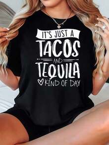 Tacos And Tequila Shirt, Tequila Shirt, Drinking Shirts, Funny Drinking Shirts, Tequila Party Shirt, Tacos And Tequila Tee Casual Blouses For Women - 黑色 - 查看 1