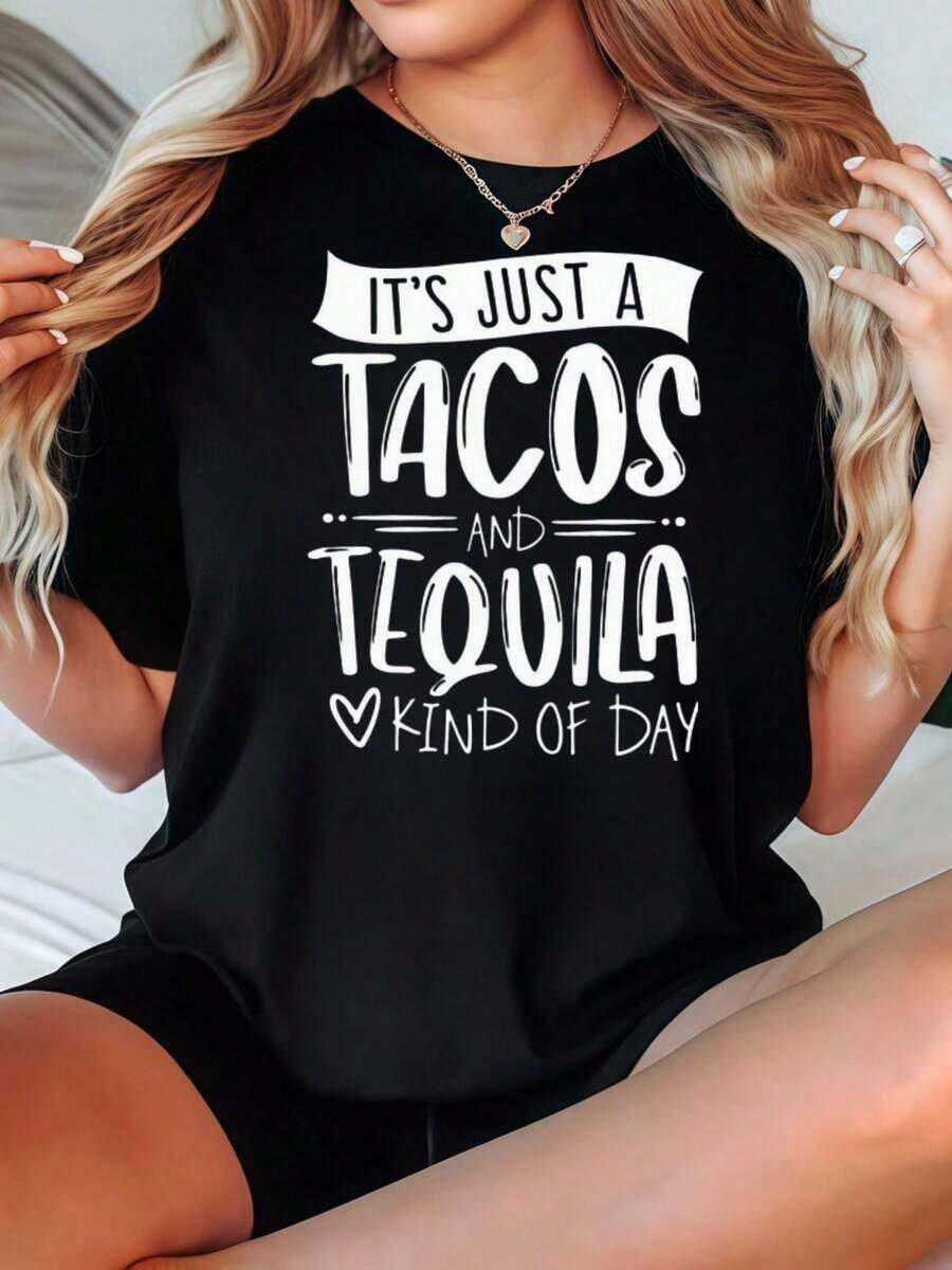 Tacos And Tequila Shirt, Tequila Shirt, Drinking Shirts, Funny Drinking Shirts, Tequila Party Shirt, Tacos And Tequila Tee Casual Blouses For Women - 黑色 - 查看 1