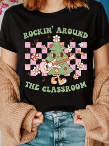 Christmas Print T-Shirt For Teachers, Teacher T-Shirt, Rock And Roll T-Shirt For Teachers For The Classroom. Elegant Party Outfit, Elegant Ladies T-Shirt, Blouses Suitable For Curvy Women, Prom Skirts, Casual Wear. Adorable Animal Print, Fun Letter Print, Combinable With Street Fashion. - 黑色 - 查看 2