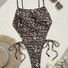Traje de Baño de Una Pieza con Estampado de Leopardo y Lazos, Sexy, para Mujer, Novedad 2026 - estampado de leopardo - Ver 3