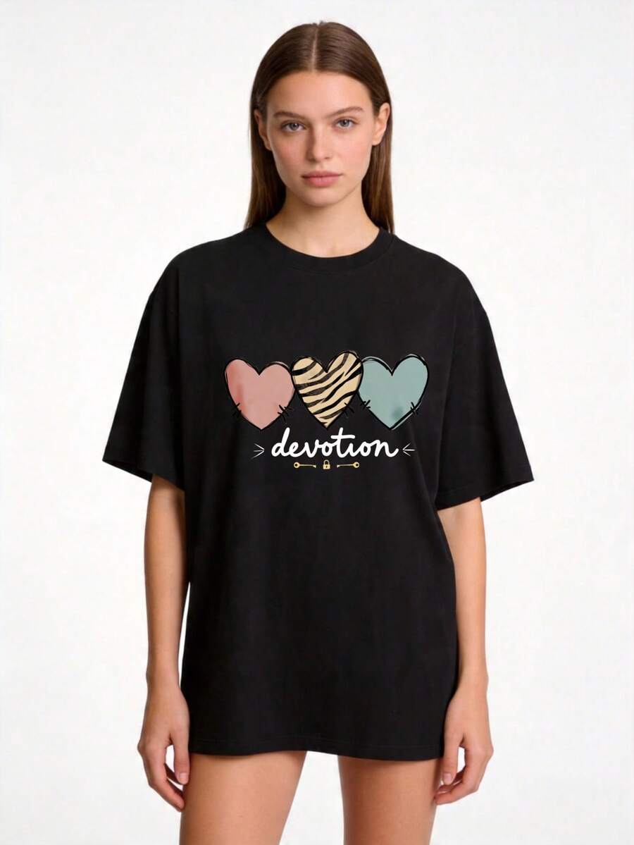 Premium Casual Everyday T-Shirt For Women, Sizes S-2XL, Short Sleeves, Pure White With A Heart And Loyalty Print, Perfect For Family And Couple Wear In Spring And Summer, An Ideal Gift For Mom, Mother's Day, Relatives, And Best Friends. . - 黑色 - 查看 1