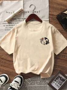 Camiseta de mujer de manga corta con cuello redondo y estampado de peces koi, de estilo casual y versátil para el verano--Camiseta de algodón suave, cómoda y holgada para uso casual. - Caqui - Ver 7