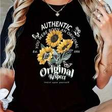 1 Piece Of Women's Short Sleeve Black Casual T-Shirt With Sunflower Floral Print, Round Neck, Cute And Elegant, Made Of Ted Fabric For Autumn Style, 180g, 100% Cotton. - 黑色 4 - 查看 6