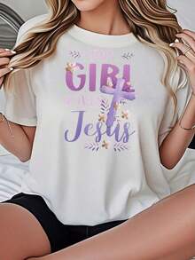 2026 White Short Sleeve T-Shirt With Floral Print And Text 'This Girl Loves Jesus', Casual Clothing, Casual Blouses For Women - 白色 - 查看 3