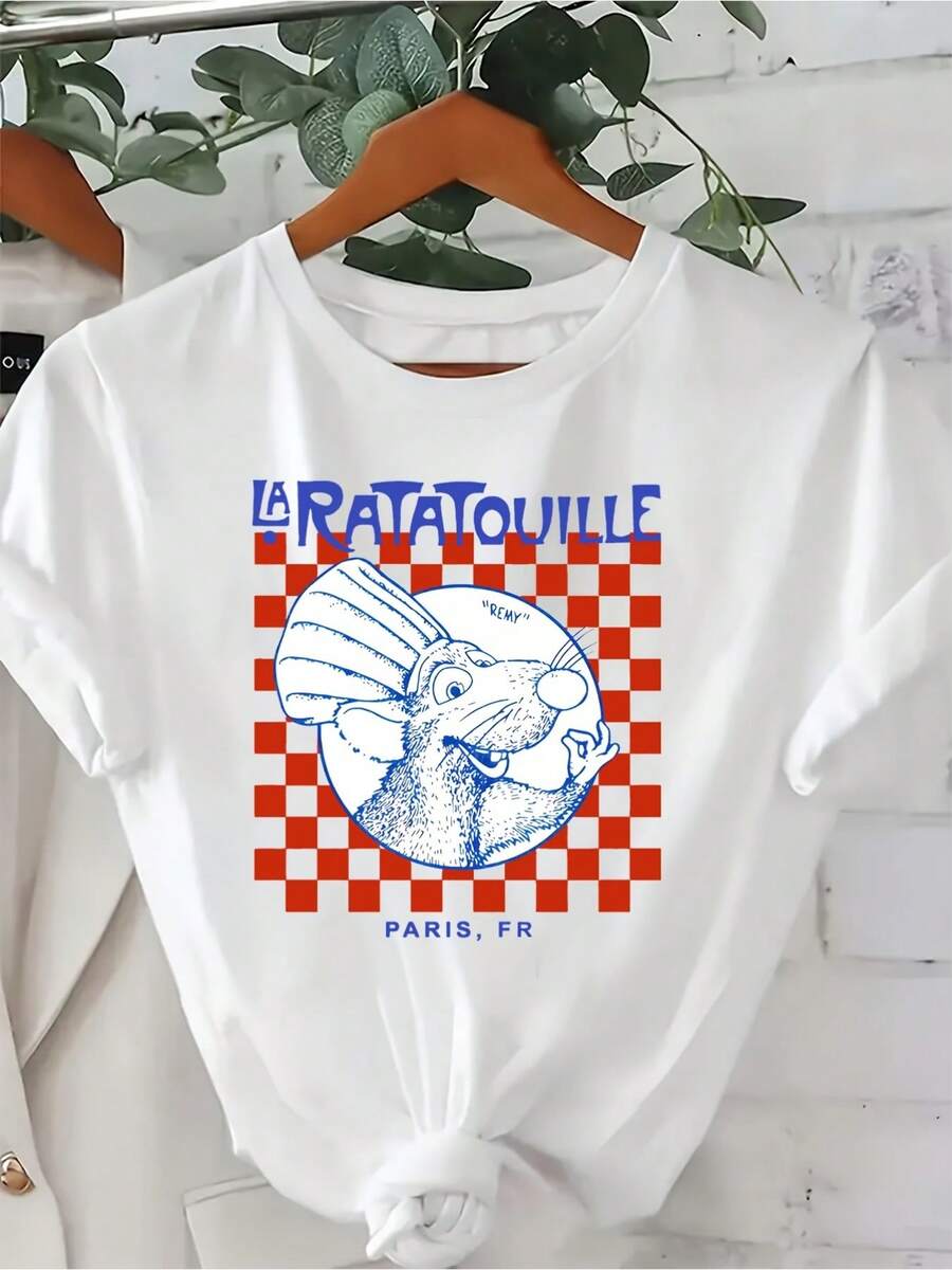 Camiseta Estampada para Mujer - Camiseta Casual de Manga Corta y Cuello Redondo en Blanco con Gráfico de Pato de Dibujos Animados Azul y Nudo Lateral. Corte Relajado para Todas las Estaciones, Perfecta para Uso Diario y Atuendos de Vacaciones (Lavable aáquina). - Blanco - Ver 1