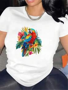 1 Short-Sleeved Polyester T-Shirt, Decorated With A Bright Parrot Pattern, Suitable For Home Decor, Durable And Lightweight, Ideal For The Living Room Or Dining Room, Comfortable To Wear, A Fashionable Choice For Casual Use. 100% Cotton, 180g. - 白色 - 查看 11