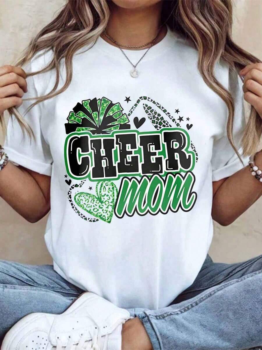 Camiseta "Cheer Mom" con estampado de leopardo verde y diseño de pompones para madres de animadoras, regalo para el Día de San Patricio, 220g - Estilo vintage urbano, unisex, de algodón, manga corta, cuello redondo, 100% algodón. - Blanco - Ver 1