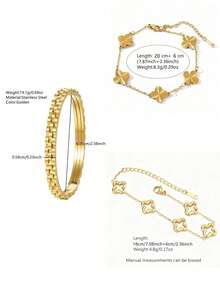 VceTd 1 Set Perhiasan Gaya Modis Motif Daun Semanggi dari Baja Tahan Karat, Cocok untuk Wanita, Cocok untuk Bepergian atau Pemakaian Sehari-hari - Yellow Gold - View 3