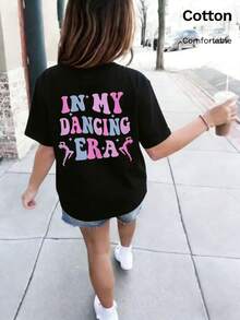 Girls Pure Cotton Black T-Shirt, Italian Letter Print T-Shirt, New Summer Sports Top, Draping Soft Breathable, Children's Short Sleeve Top - Black - View 1