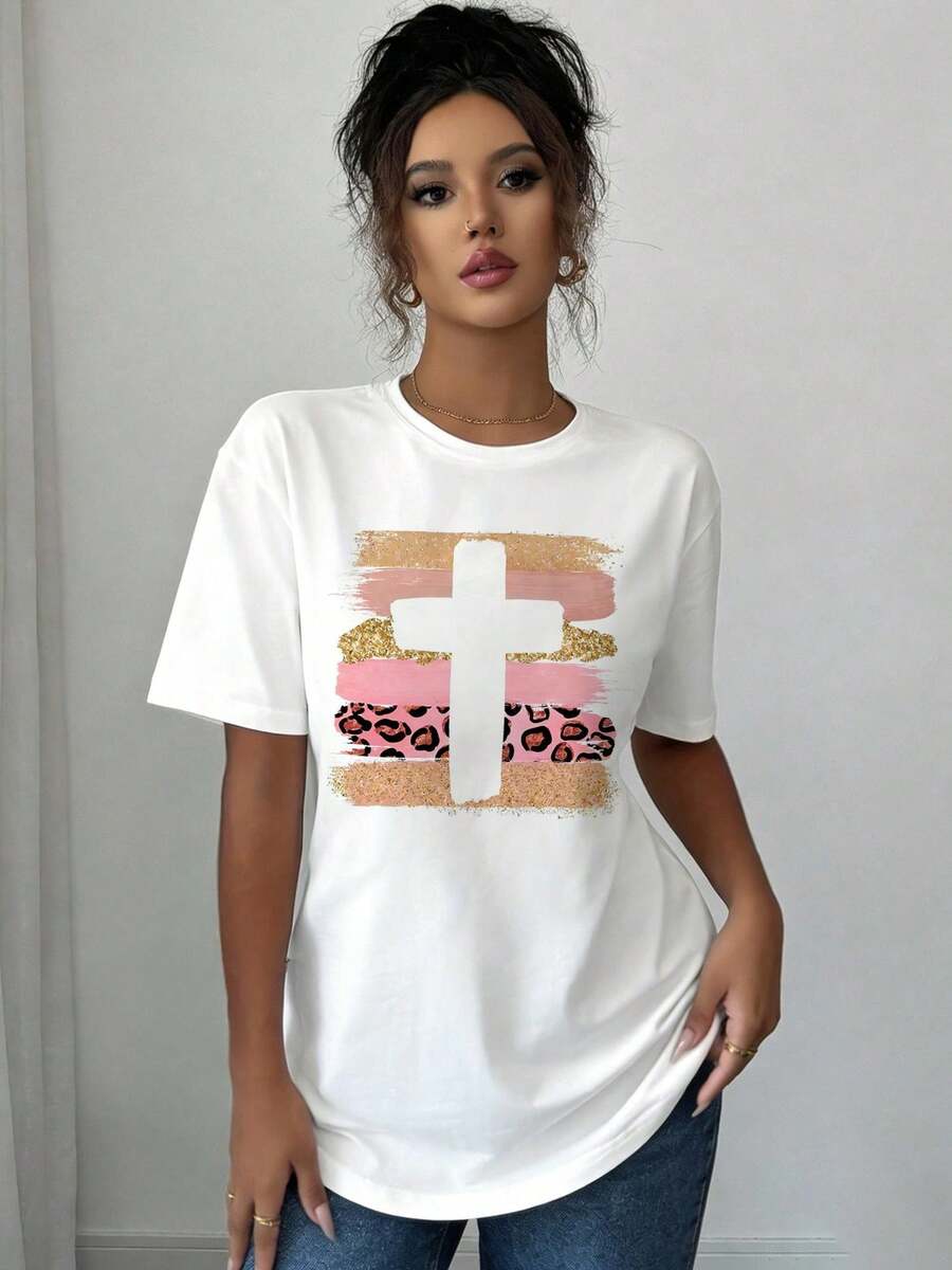 Camiseta Deportiva Casual para Mujer con Diseño de Cruce de Leopardo Rosa - Camiseta Blanca Elástica de Cuello Redondo, Lavable aáquina, Ajuste Cómodo y Perfecta para Todas las Estaciones. - Blanco - Ver 1