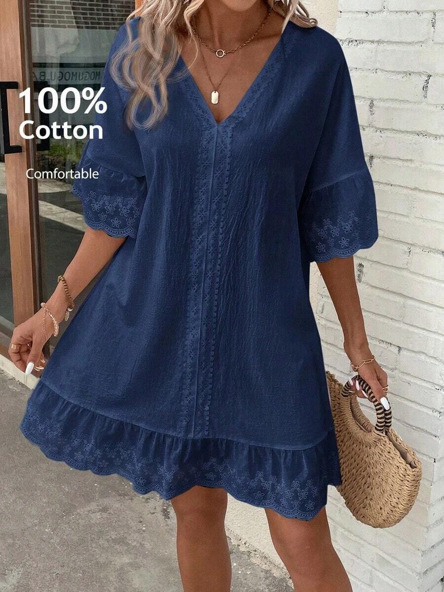 LUNE Vestido casual de verano con adorno de encaje y volantes en el cuello en V - Azul marino - Ver 1