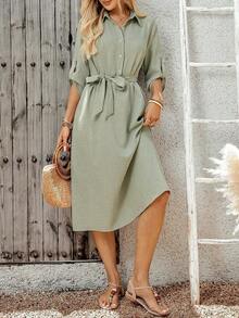Women's Casual Solid Color Dress With Mid-Length Belt - 黑色 - 查看 7