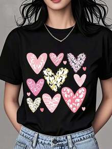 Women's Bohemian Round Neck T-Shirt, Heart Print, Short Sleeve, Casual Daily Wear, Cotton Top - 黑色 - 查看 7