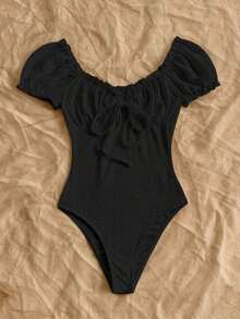 Nuevo atuendo casual de vacaciones para invitados a bodas en la playa, brunch de graduación, Día de San Patricio, vacaciones de primavera, Pascua, festival de música, elegante estilo bohemio tropical chic de verano para mujer, body con mangas de pétalos con lunares - Negro - Ver 5