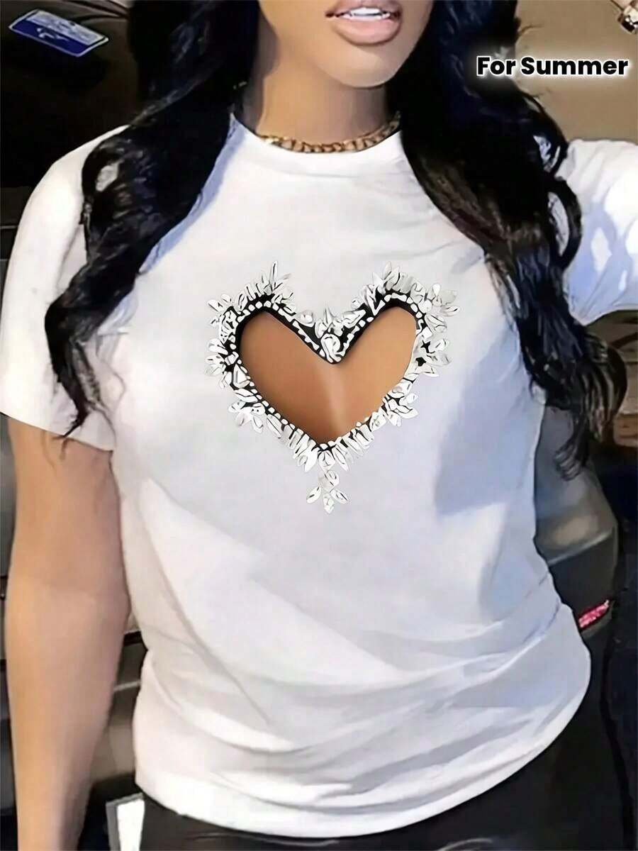 Camiseta de Mujer Bohemio con Estampado Floral de Corazones, 100% Algodón, Corte Holgado, Cuello Redondo, Top Casual de Verano, Transpirable y Lavable a Máquina para Uso Diario, Camiseta de Boutique de Moda Cómoda, Ropa Casual, Camiseta con Estampado de Patrones, Cuello Redondo, Regalo, Camiseta de Algodón - Blanco - Ver 1