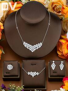 DV JEWELRY 5件套立方氧化锆镀白金奢华项链、手链、耳环、开口戒指首饰套装，优雅珠宝礼品，适合女性、派对、周年纪念日佩戴 - 銀色 - 查看 4