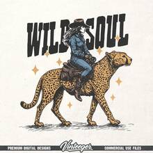 Wild Soul: Cowgirl Riding A Cheetah. Retro Western Graphic Design For A T-Shirt. Country Girl Sublimation Design. Printable Design. - White - View 8