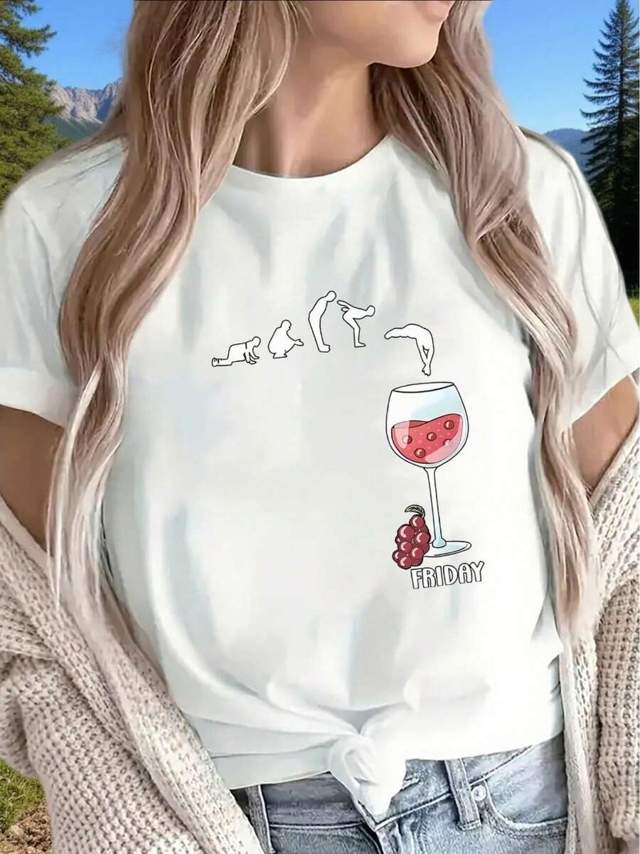 Funny Graphic Friday T-Shirt, Casual Style, Comfortable, Fashionable, Original, Cool Cotton For Girls, Size S/M/L, White, Summer Clothes 2023 - 白色 - 查看 1