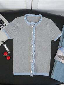 French Style Wood-Look Trim Contrast Color Knit Short Sleeve Cardigan Women's Summer New Slim Fit Cropped Top Gentle Elegant Slimming Blouse - Grey - View 7
