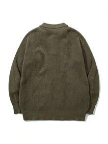 Men's Solid Color Loose Comfortable Textured Neutral Style Unisex Slouchy Textured Polo Collar Long Sleeve Sweater Autumn/Winter - Green - View 7