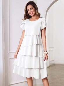 Vestido de mujer de unicolor con cuello redondo, mangas cortas con volantes en los puños y dobladillo con volantes, vestido de moda para vacaciones, primavera y verano - Blanco - Ver 9