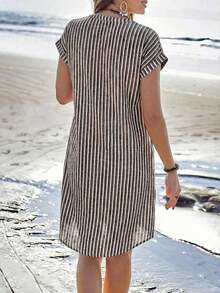 xheSylviya Vestido camisero de verano para mujer, de manga corta, cuello en V y rayas, hasta la rodilla, vestidos de verano para mujer, vacacionesxhe - Blanco y Negro - Ver 2