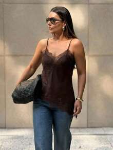 2026 MUMRAP Camiseta sin mangas asimétrica de encaje con contraste de unicolor para mujer, elegante y holgada con espalda descubierta, top casual de verano - Marrón Mocha - Ver 4