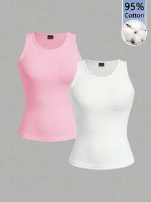 2 piezas de camiseta de tirantes de mujer de ajuste ceñido con estampado minimalista de letras de California en negro y blanco - 95% algodón, para primavera y verano, uso en todas las estaciones, vuelta al colegio, ropa de casa y deporte, estilo re - Multicolor 2 - Ver 2