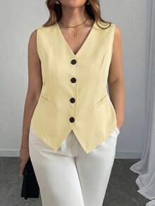 elegante de talla grande de un solo botonadura y ajustado, negro - Amarillo - Ver 6