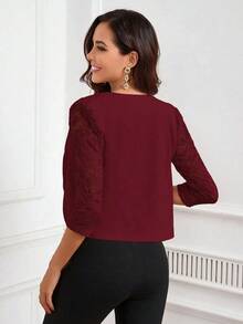 Chaqueta corta elegante de mujer con parches de encaje, frente abierto y mangas 3/4 para primavera y verano, y otoño/invierno - Burdeos - Ver 2