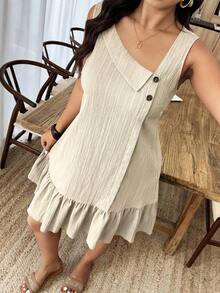 Vestido corto sin mangas de línea A con cuello asimétrico, botones, tela texturizada y volante en el bajo, para mujer de talla grande, ropa casual de resort para primavera/verano - Albaricoque - Ver 6