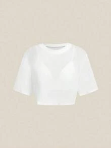 BASICS 2 piezas Top de tirantes recortado de color liso casual y top corto de manga corta holgado y transparente de malla con cuello redondo - Blanco - Ver 8