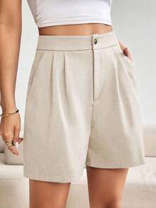 Shorts de verano informales para mujer, sólidos y con pliegues - Albaricoque - Ver 7