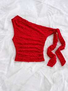 Top ajustado de mujer de hombros asimétricos con tirantes de amarre en color amarillo pálido, adecuado para fiesta, vacaciones, festival de música, estilo bohemio, cita de vacaciones, té de la tarde - Rojo - Ver 5