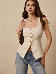 Chaleco a rayas, chaleco de traje, ropa de trabajo, moda sencilla, camiseta sin mangas con botones delanteros a rayas estilo casual para mujer, estilo "Old Money", apta para uso diario, calle, trayecto, vacaciones - Caqui - Ver 2