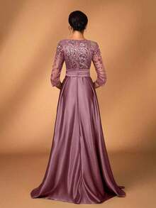 y lujoso vestido de manga larga transparente con bordado de encaje floral, con perlas y lazo con diamantes, con vuelo.Adecuado para boda, fiesta, vacaciones, baile de graduación, vestido de noche para novia, madre de la novia - Rosa vieja - Ver 2