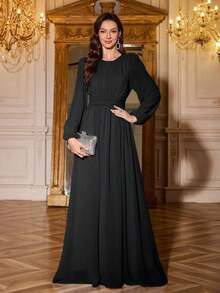 Vestido de dama de honor de manga linterna de unicolor elegante y extra largo - Negro - Ver 6