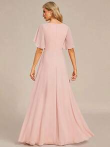 Elegante vestido de dama de honor de gasa con cuello en V, mangas con volantes bordados y plisados, vestido de noche formal para invitados de boda - Rosa - Ver 2