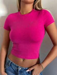 Camiseta de mujer de manga corta, cuello redondo, ajuste ceñido, estilo casual para primavera y verano, camiseta de mujer, top básico de mujer, top corto, top para exteriores en color blanco - Rosa Fucsia - Ver 4