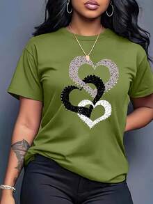 Camiseta de Verano para Mujer con Estampado de Corazones, Cuello Redondo y Manga Corta, Estilo Deportivo y Moderno para Todas las Temporadas - Verde - Ver 10