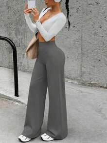 Pantalones deportivos de cintura alta minimalistas para mujer, con piernas anchas, para fitness y running.Leggings casuales cómodos, con gran elasticidad y acampanados, ideales para yoga y uso diario. - Gris - Ver 8