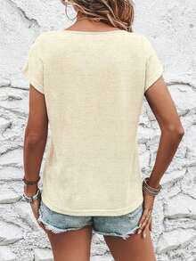 Camiseta de manga corta de unicolor, casual y versátil para uso diario - Beis - Ver 2